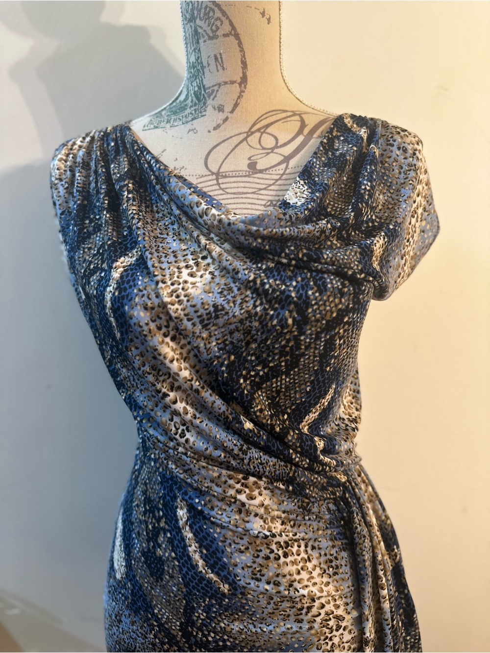 Draped Cowl-Neck Snake Print Blouse in Blue